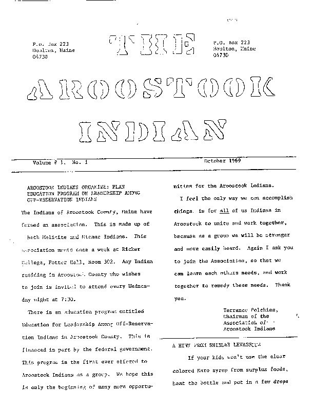 <em>The Aroostook Indian</em> (Oct. 1969) <em>The Aroostook Indian</em> (Oct. 1969)